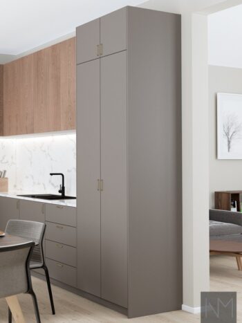 Türen für IKEA PAX Kleiderschrank in Soft Matte Basic Design kombiniert mit Nordic Skyline. Farbe Beige und Eiche klar lackiert.