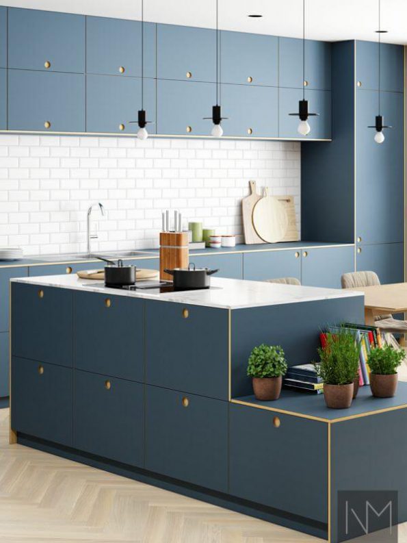 Küchentüren im Linoleum Circle Design. Farbe 4179 Smokey Blue.