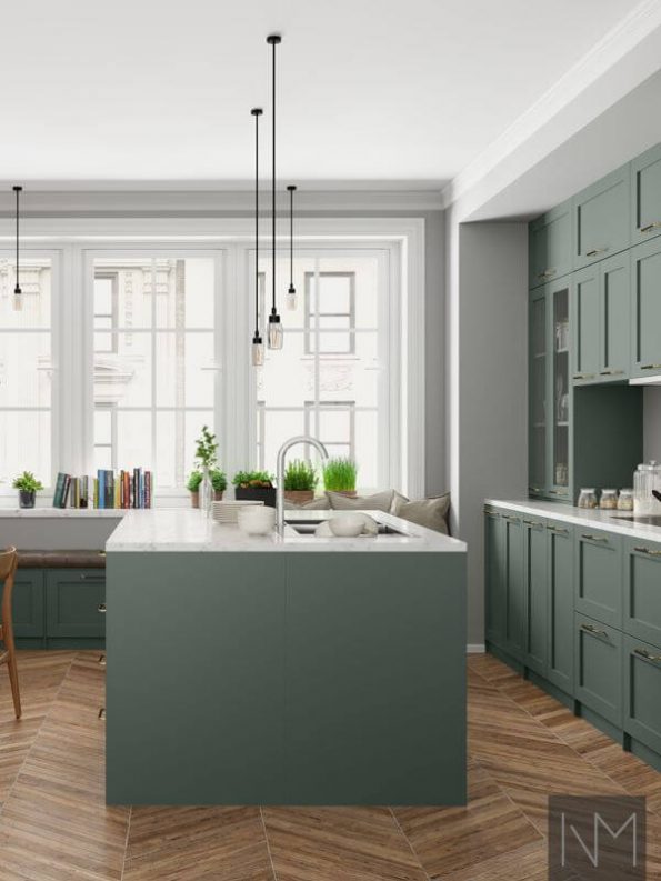 Küchentüren im klassischen Stil. Farbe Green Smoke Farrow&Ball.