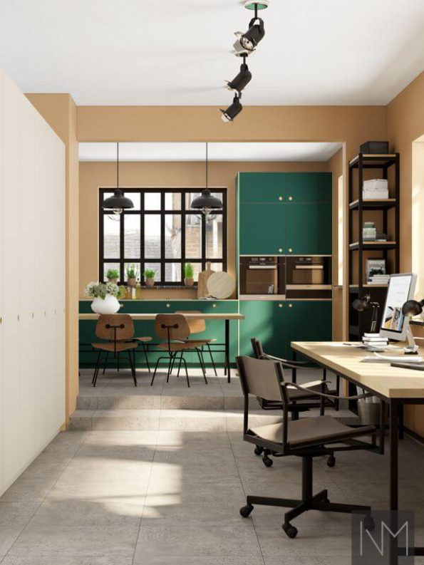 Küchentüren im Linoleum Circle Design, Farbe Conifer. Schranktüren PAX im Design Linoleum Circle, Farbe Mushroom.