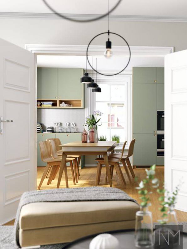 Küchenfronten im Linoleum Circle Design. Farbe 4184 Olive.