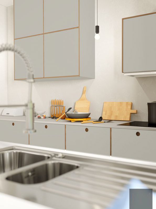 Küchenfronten in Linoleum Circle- und Basic-Design . Linoleum Farbe 4175 Pebble, Eiche gebeizt in der Farbe Walnut