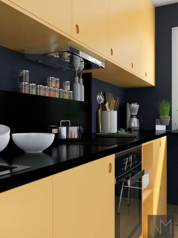 Küchenfronten im CIRCLE-Design in den Farben Farrow und Ball. Sudbury-Gelb