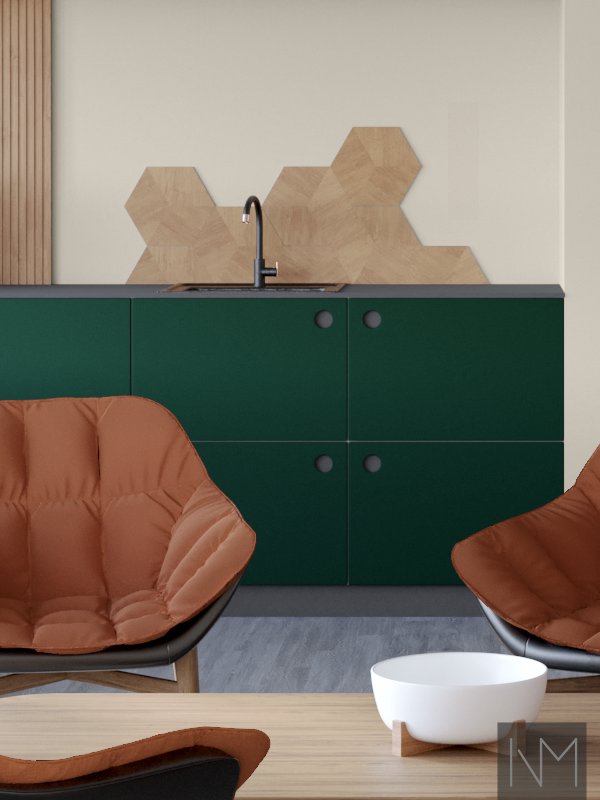 Fronter til køkken og garderobeskabe, i Pure Elegance og Pure Linoleum Circle design. HDF farve grå, linoleum farve 4174 Nåletræ