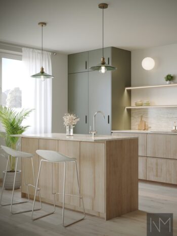 Køkkenfronter i Oak Instyle i klarlakeret eg. Skyline fronter og Shield håndtag i F&B Card Room Green nr.79