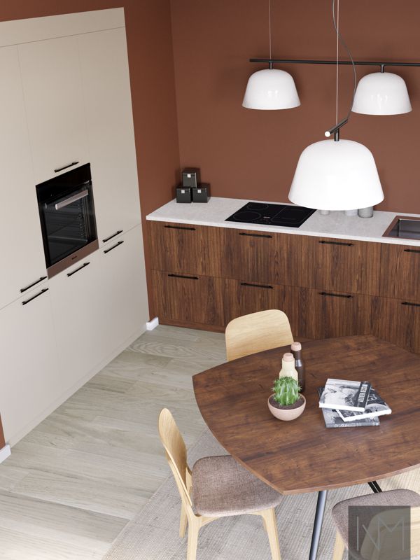 Køkkenlåger i design Nordic Skyline og Basic. Bejdset aske i B-1097 valnød, og Basic i Jotun 11174 Curios Mind. Håndtag Joker.