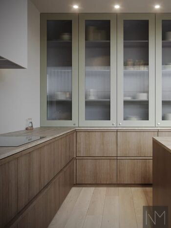 Kitchen fronts in Classic Style & Classic Style ribbed glass. Colour F&B French Gray no.18. Handle Levi in chrome. Nordic oak fronts and Edge handle in stain B-9043-2 Sandy Brown.