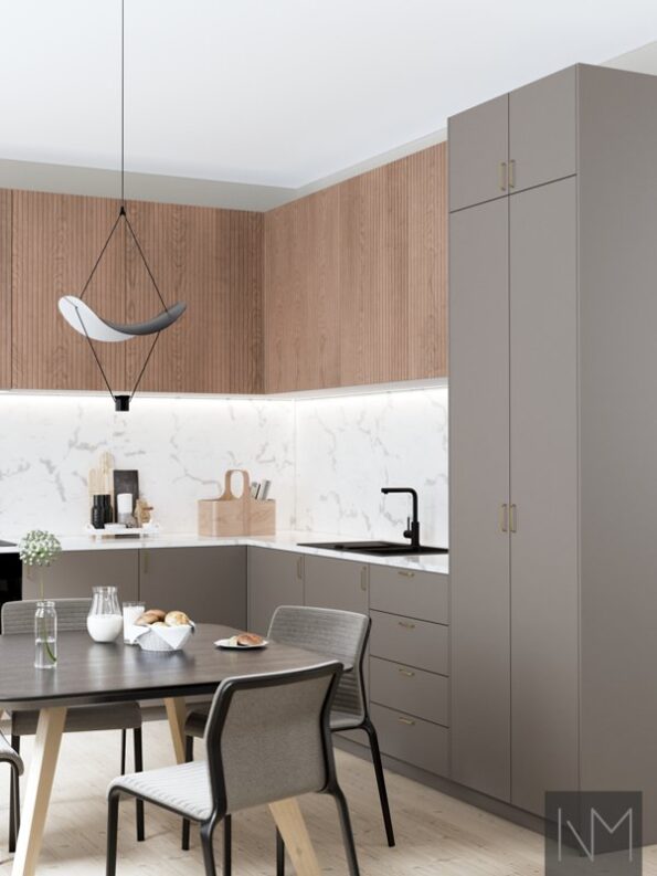 Doors for kitchen in Soft Matte Basic design combined with Nordic Skyline. Color Beige and oak clear lacquered