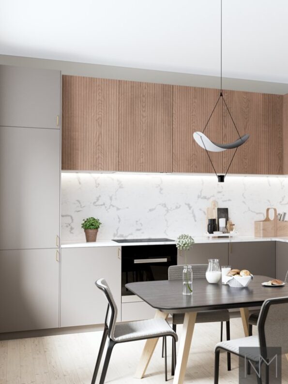Doors for kitchen in Soft Matte Basic design combined with Nordic Skyline. Color Beige and oak clear lacquered