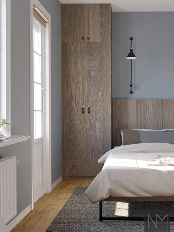Doors for wardrobes in Nordic Wonder design. B-1267 Warm Grey stain, and Marathon handles