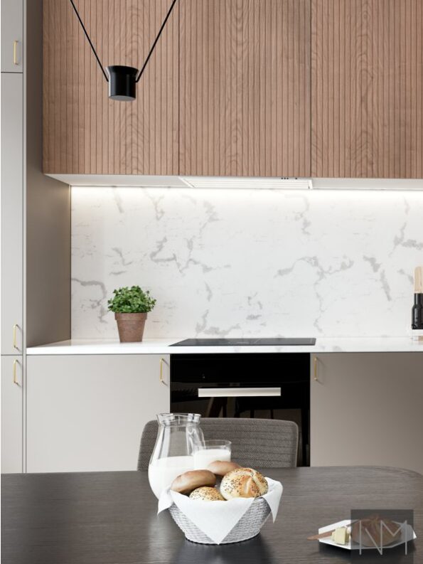 Kitchen doors in Soft Matte Basic design combined with Nordic Skyline. Color Beige and oak clear lacquered
