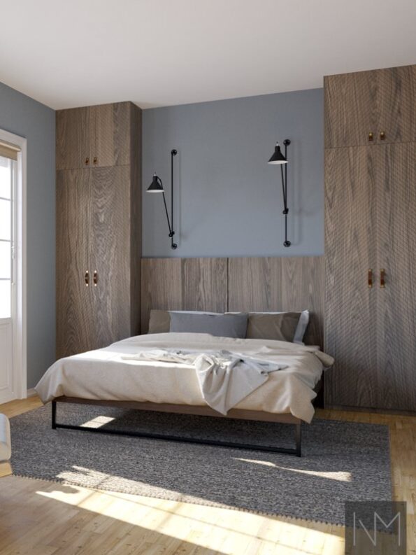 Wardrobe doors in Nordic Wonder design. B-1267 Warm Grey stain, and Marathon handles