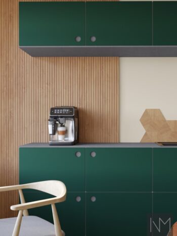 Kitchen and wardrobe doors, in Pure Elegance and Pure Linoleum Circle design. HDF color grey, linoleum color 4174 Conifer