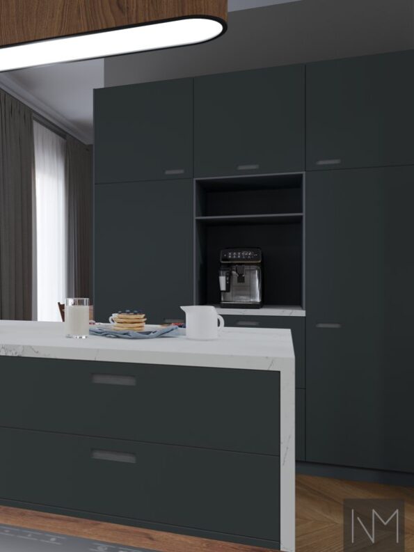 Kitchen doors in Pure Linoleum Exit design. Color HDF light grey, linoleum 4155 Pewter.