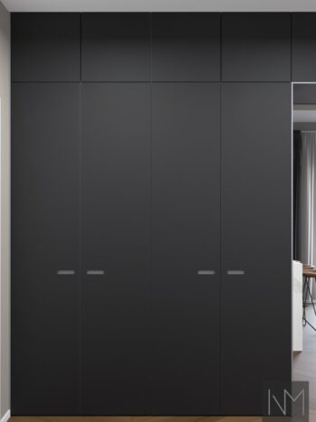 Doors for wardrobes in Pure Linoleum Exit design. Color HDF light grey, linoleum 4023 Nero