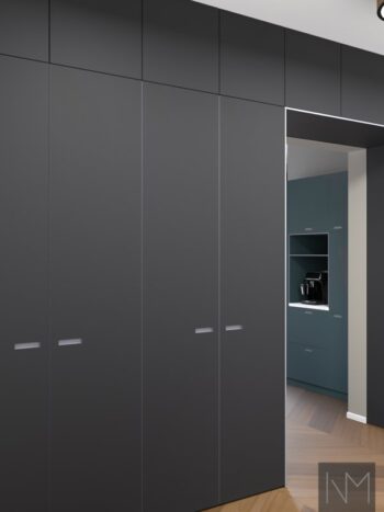 Fronts for wardrobes in Pure Linoleum Exit design. Color HDF light grey, linoleum 4023 Nero