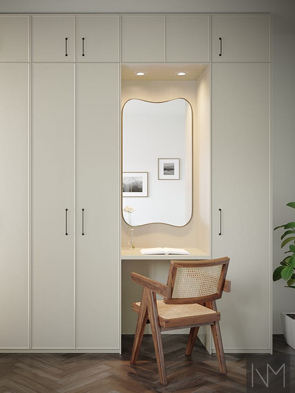 Doors for wardrobes in Enigma design. Ash painted in color Jotun 1973 Antikkgrå. Handles Castle Max black matte.