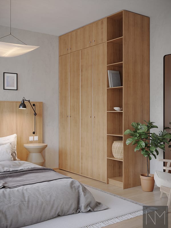 Fronts for wardrobes in Enigma design. Clear coated oak, Umbrella chrome knobs.