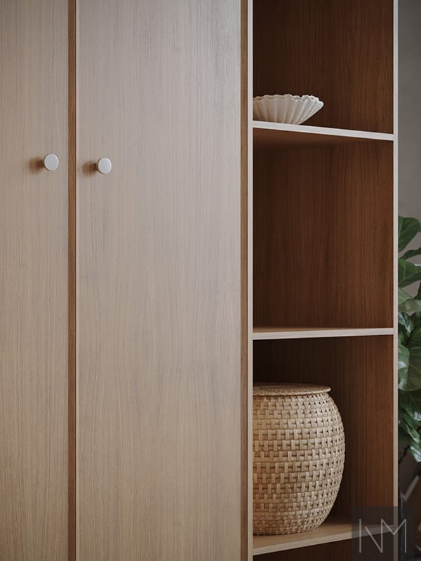 Doors for wardrobes in Enigma design. Clear coated oak, Umbrella chrome knobs