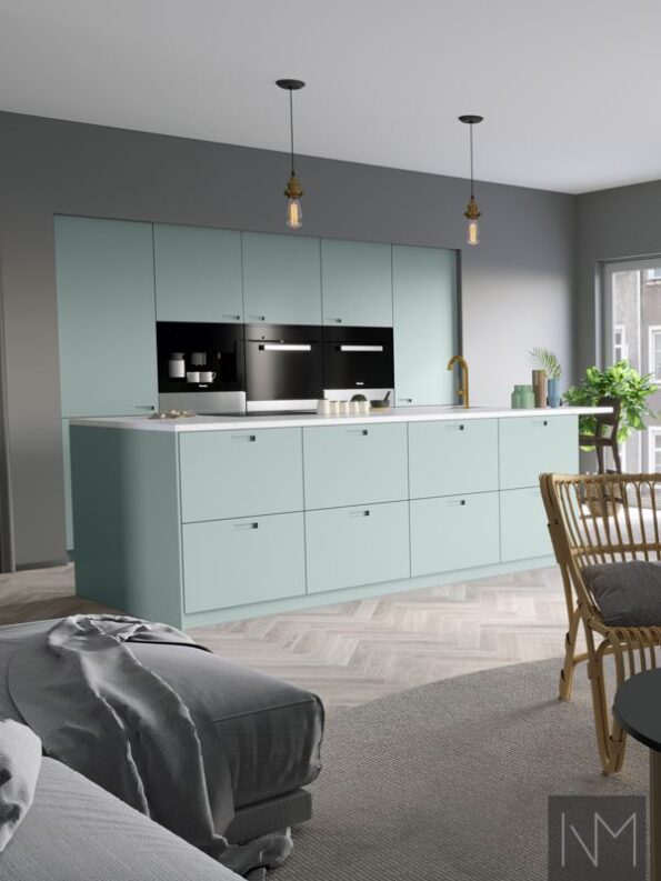 Ikea Metod kitchen fronts in Exit design.Colour Jotun 6379 Cityscape.