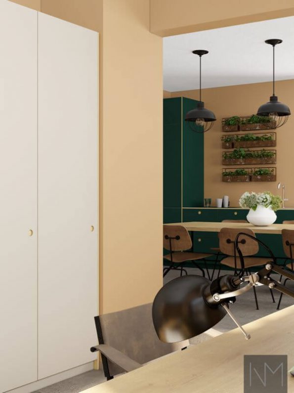 Kitchen doors in Linoleum Circle design, colour Conifer. PAX wardrobe doors in Linoleum Circle design, colour mushroom.
