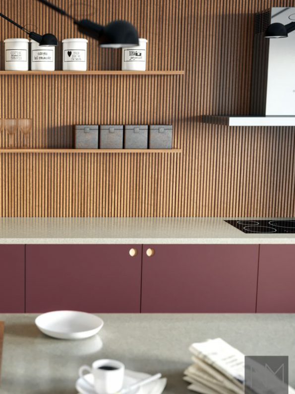 Kitchen fronts in Linoleum Circle design, colour Burgundy.