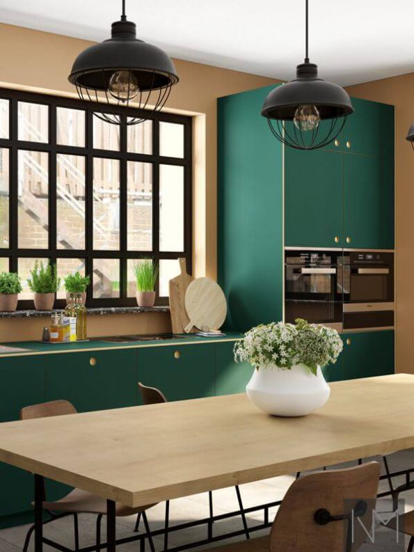 Kitchen fronts in Linoleum Circle design, colour Conifer