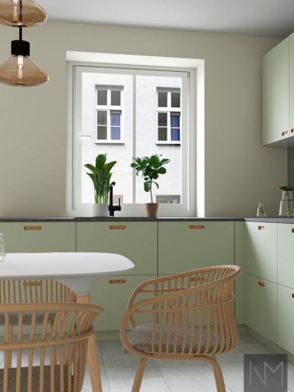 Kitchen fronts in Linoleum Exit design. Colour Pistachio