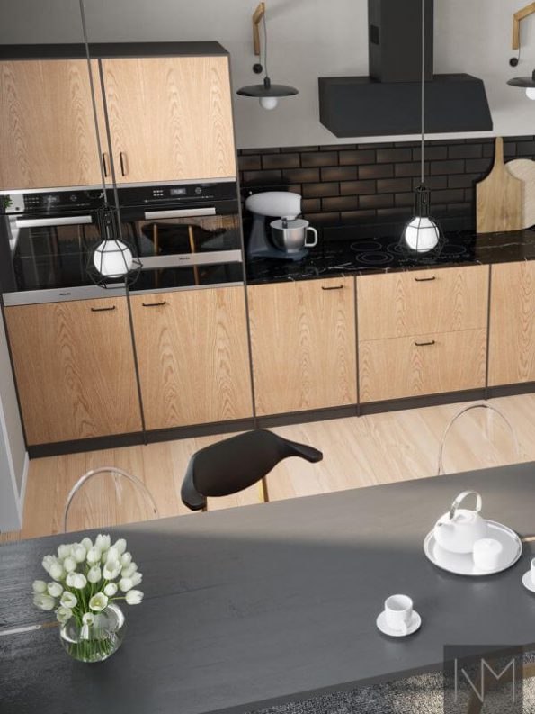 Metod kitchen fronts in Nordic Oak with black side panels. Handle - Batman in black