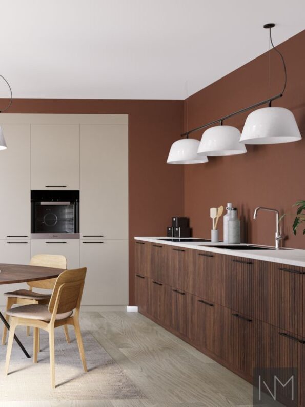 Kitchen fronts in design Nordic Skyline and Basic. Stained ash in B-1097 Walnut, and Basic in Jotun 11174 Curios Mind. Handle Joker.