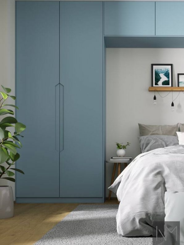 Wardrobe doors in Elegance design. Colour F&B Stone Blue.