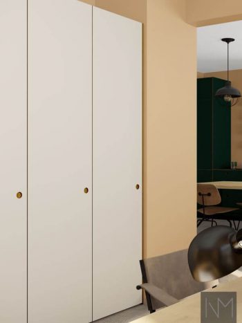 Wardrobe doors in Linoleum Circle, Colour Mushroom. Kitchen doors in Linoleum Circle, colour Conifer.