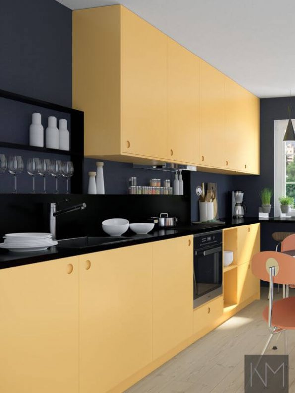 Kitchen door in CIRCLE design in Farrow and Ball colour. Sudbury Yellow