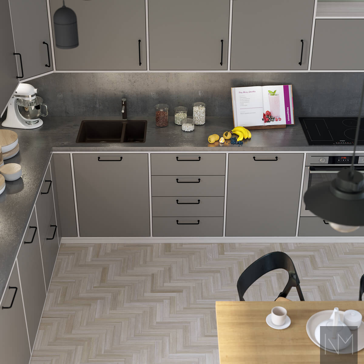 Basic design for kitchen cabinets. Farge SOBER 10249. Sidepaneler i Nordic white-stained ash. Castle-håndtak i svart.