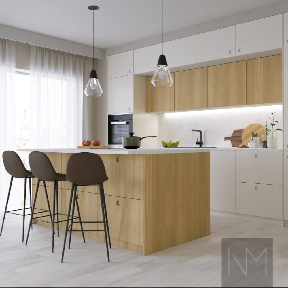 Kitchen doors in Circle and Nordic design. Color Jotun 1376 Frostrøyk and clear-coated oak.
