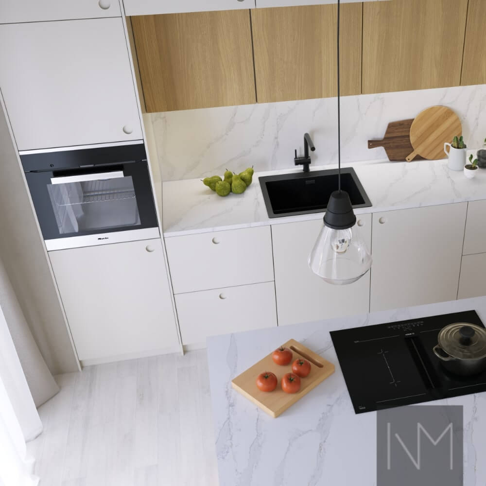 Kitchen doors in Circle and Nordic design. Color Jotun 1376 Frostrøyk and clear-coated oak.