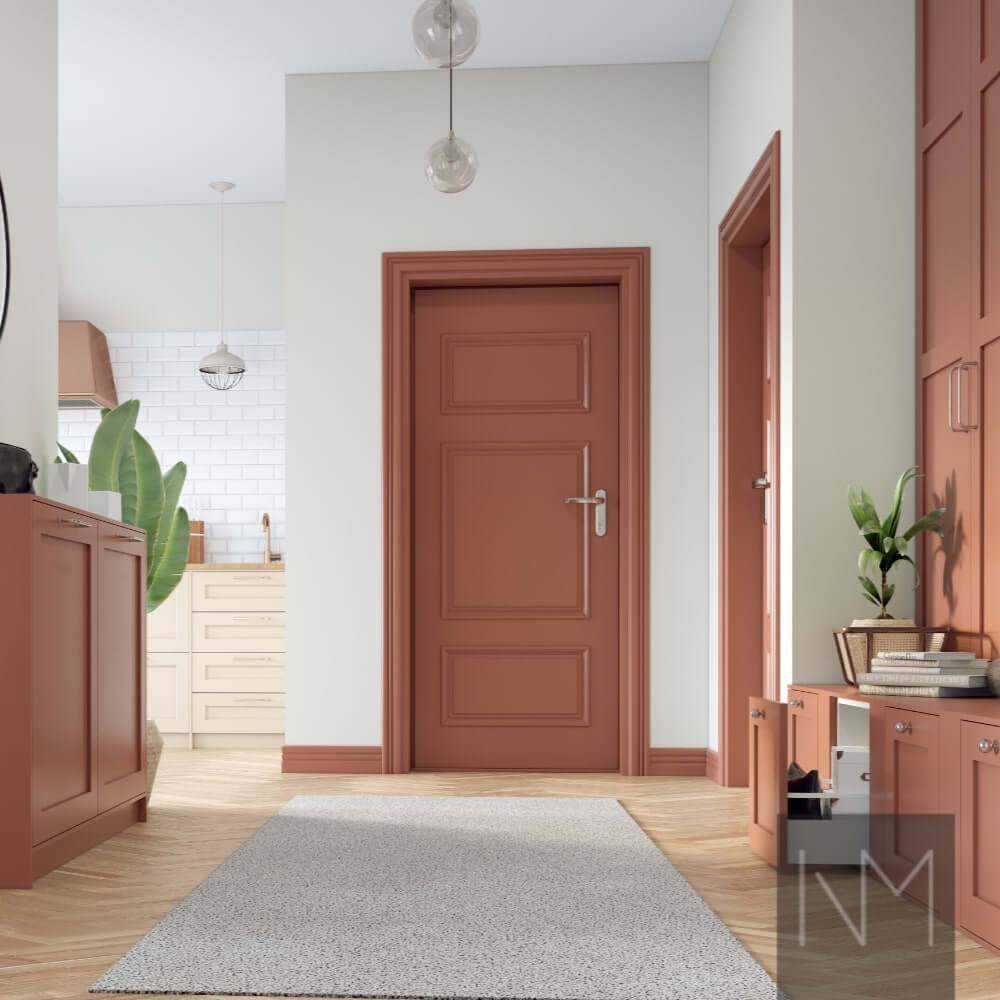 Classic Style wardrobe doors for PAX. Colour Jotun Grounded Red 20144. Handle Castle in Chrome