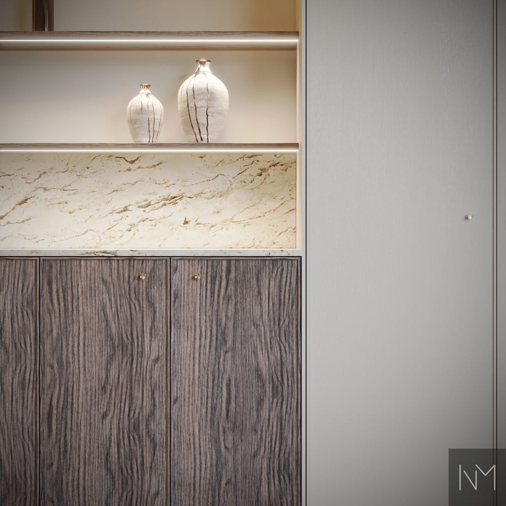 Frameline storage fronts in ash. B-1267 and F&B Skimming Stone no.241. Handles Toggle in untreated brushed brass.