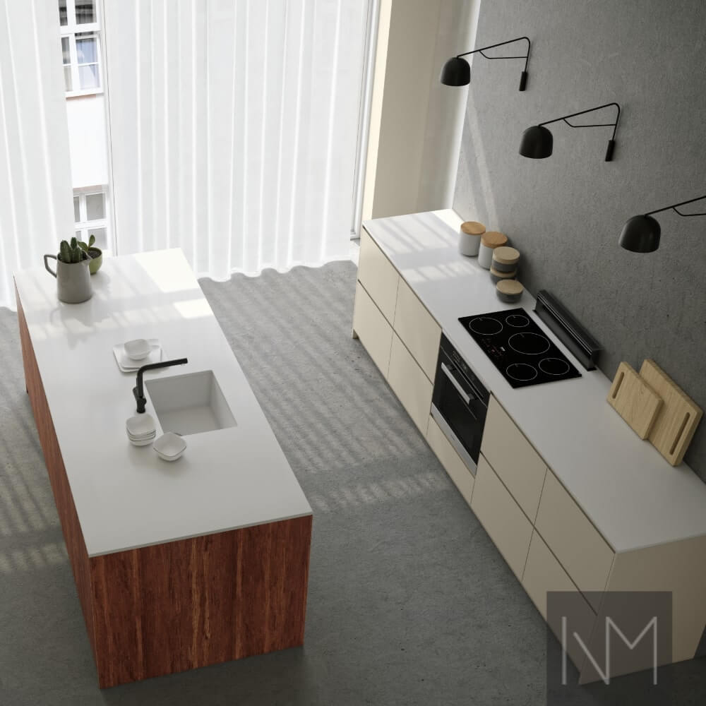 Køkkenfronter i Bamboo+ Instyle design i Mocca og Instyle design i Jotun Glat hvid.