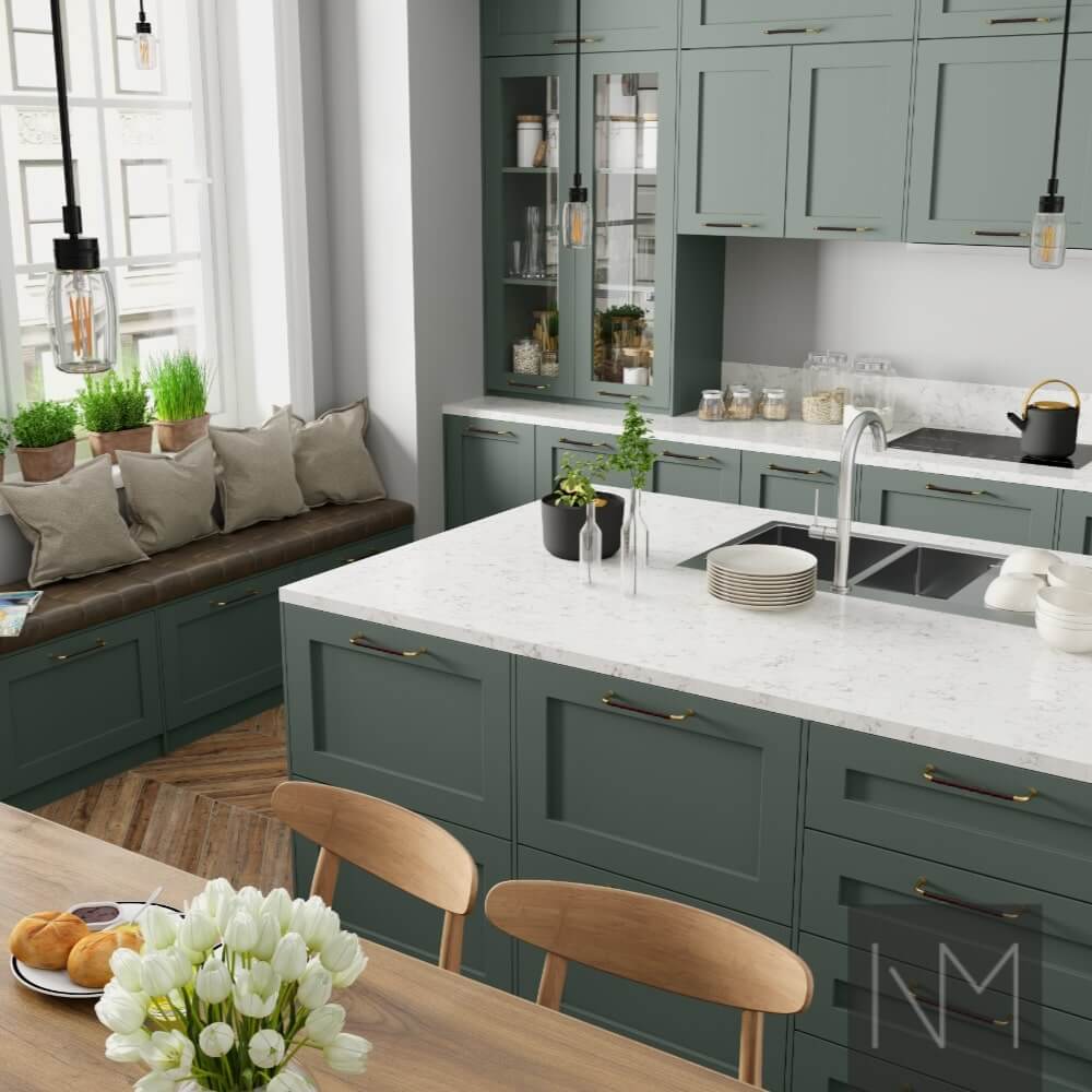 Kjøkkenfronter i design Classic Style. Farge Green Smoke fra Farrow&Ball.