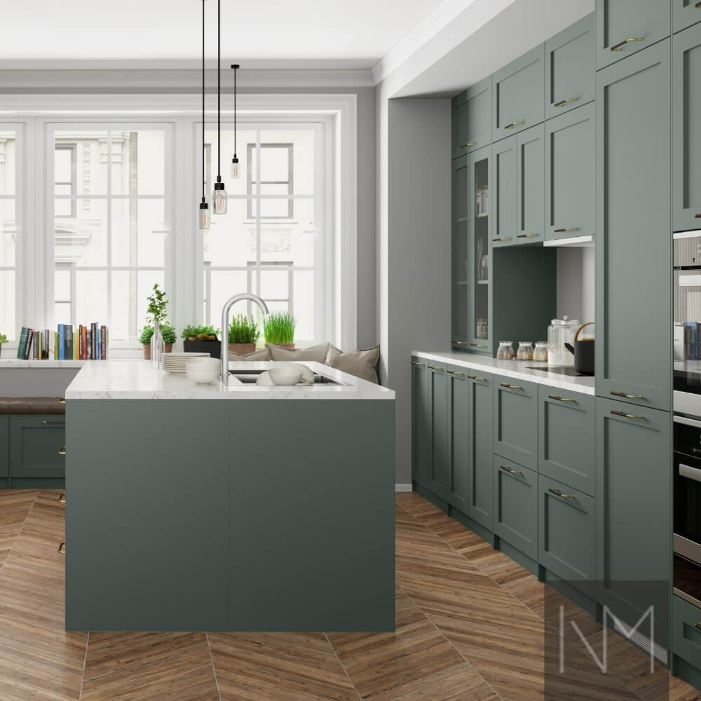 Kitchen doors in Classic Style design. Colour Green Smoke Farrow&Ball.