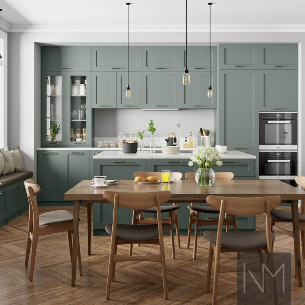 Kitchen fronts in Classic Style design. Colour Green Smoke Farrow&Ball.