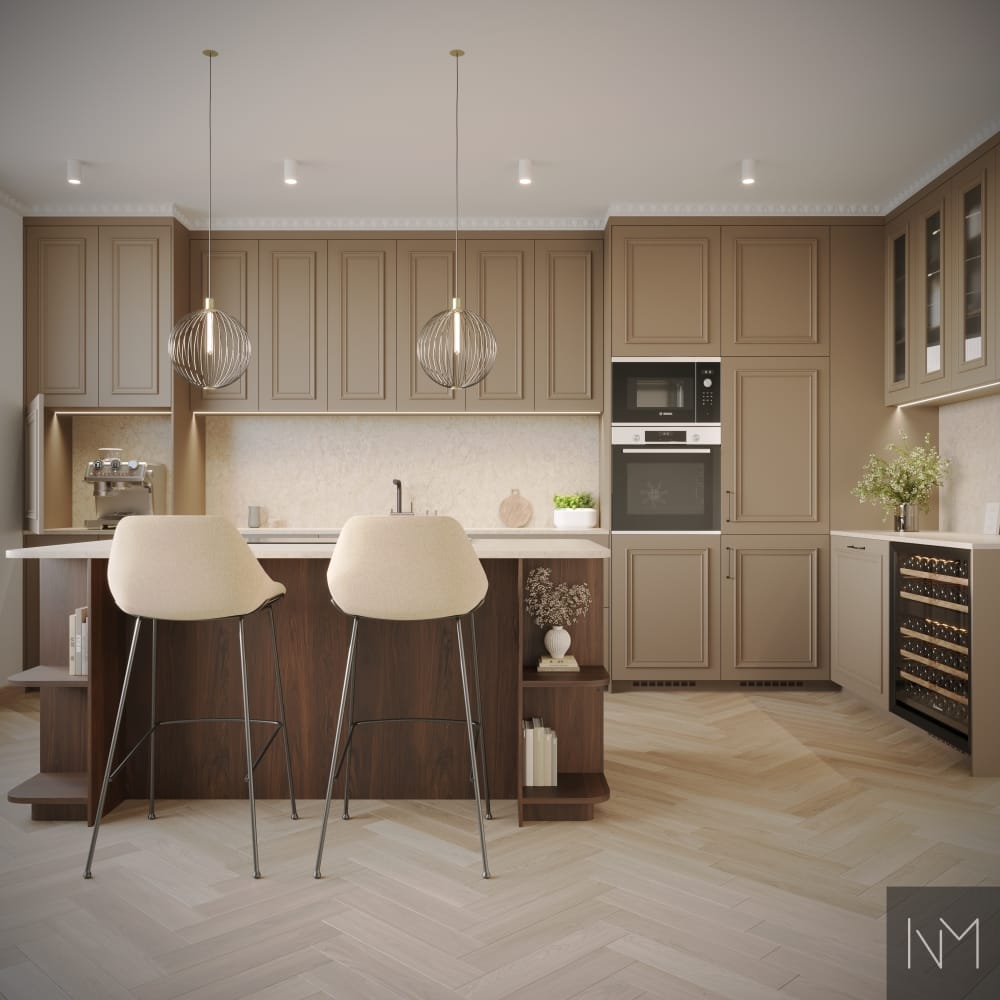 Deco Frame in de kleur van de fronten: NCS 4207-Y18R. Fronten van MDF met een decoratief kader. Ladegrepen: Relic in antiek bruin. Het eiland is uitgevoerd in Nordic Deco Frame-stijl, afgewerkt met gebeitst eikenfineer. Ladegrepen: Relic in antiek bruin. Alles is bij ons verkrijgbaar.