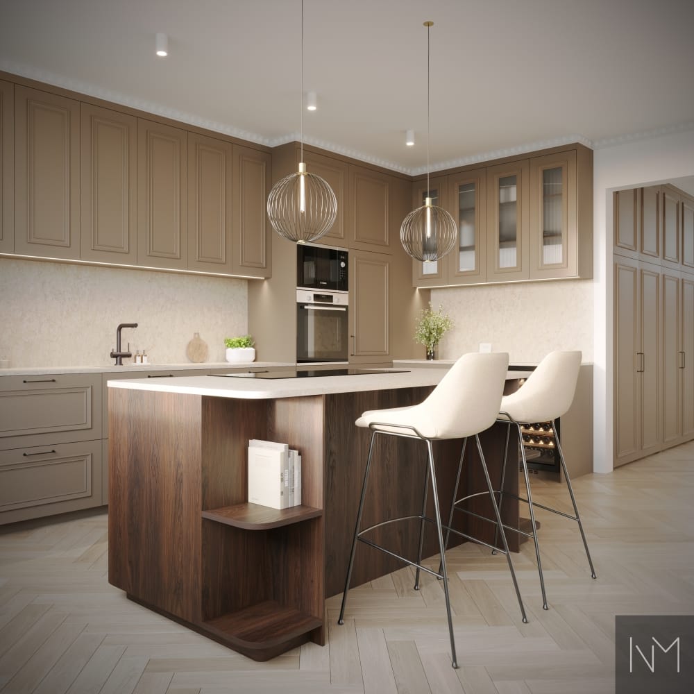 Deco Frame in de kleur van de fronten: NCS 4207-Y18R. Fronten van MDF met een decoratief kader. Ladegrepen: Relic in antiek bruin. Het eiland is uitgevoerd in Nordic Deco Frame-stijl, afgewerkt met gebeitst eikenfineer. Ladegrepen: Relic in antiek bruin. Alles is bij ons verkrijgbaar.