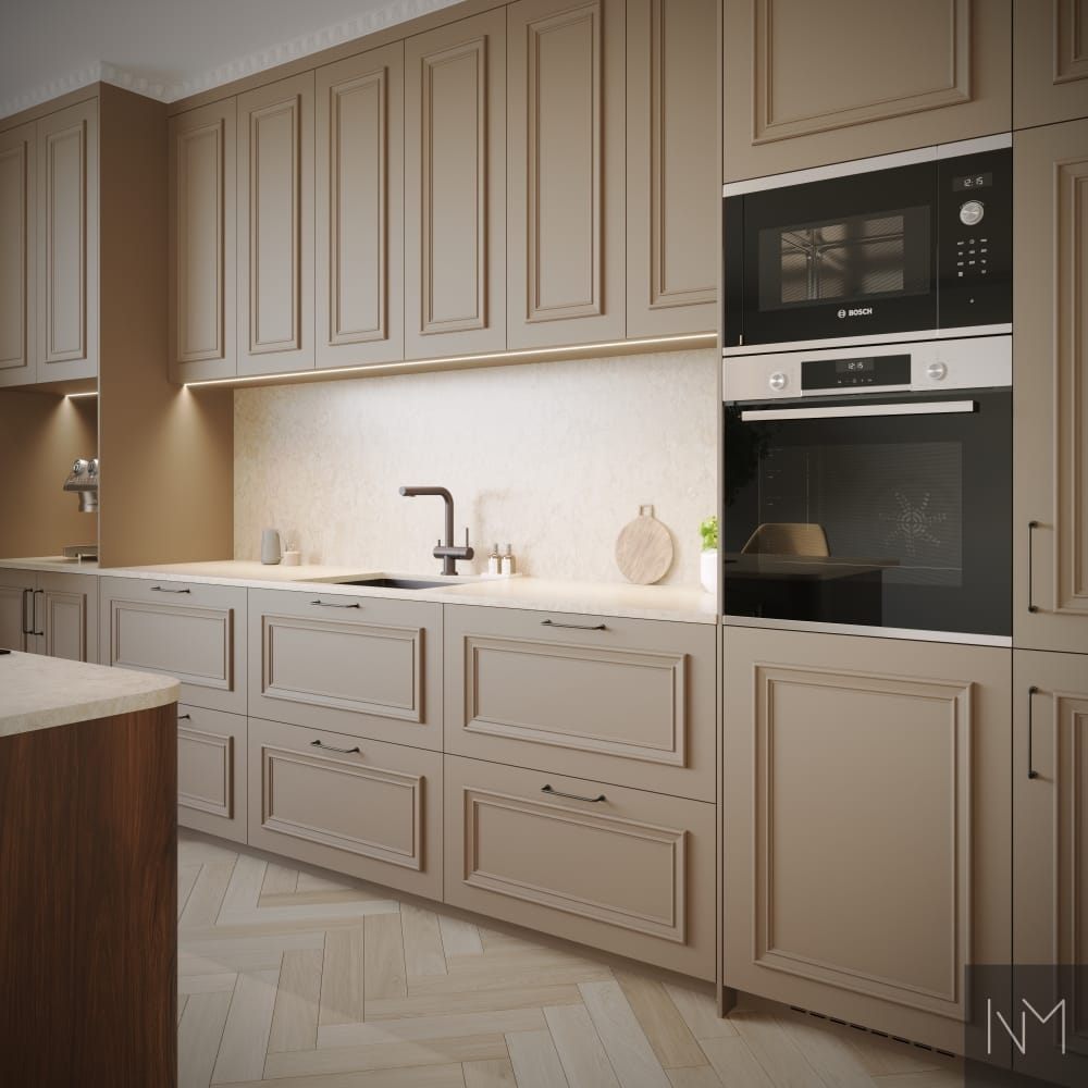 Deco Frame in de kleur van de fronten: NCS 4207-Y18R. Fronten van MDF met een decoratief kader. Ladegrepen: Relic in antiek bruin. Het eiland is uitgevoerd in Nordic Deco Frame-stijl, afgewerkt met gebeitst eikenfineer. Ladegrepen: Relic in antiek bruin. Alles is bij ons verkrijgbaar.