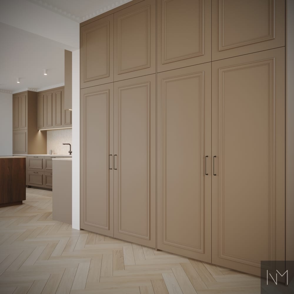 Deco Frame in de kleur van de fronten: NCS 4207-Y18R. Fronten van MDF met een decoratief kader. Ladegrepen: Relic in antiek bruin. Het eiland is uitgevoerd in Nordic Deco Frame-stijl, afgewerkt met gebeitst eikenfineer. Ladegrepen: Relic in antiek bruin. Alles is bij ons verkrijgbaar.