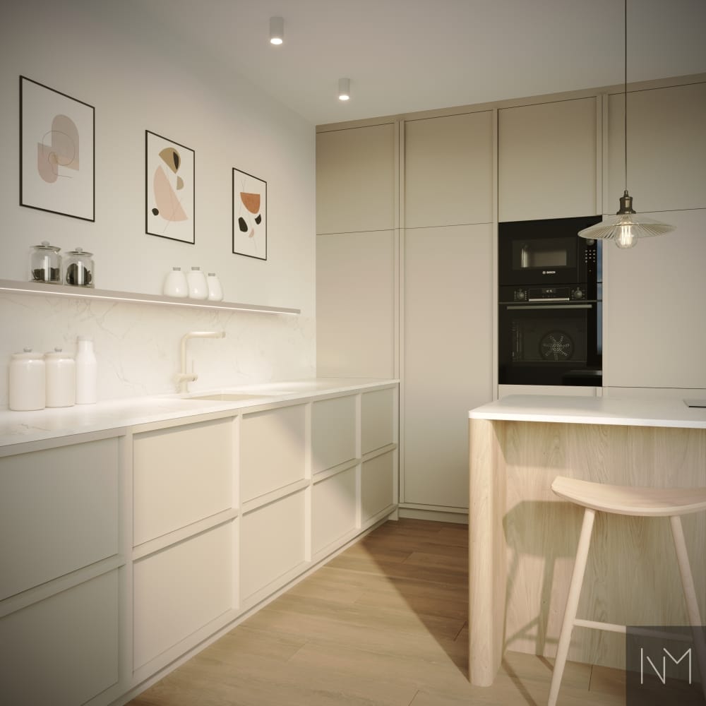 Basic Collection keuken met Edge handgrepen, zijpanelen en geïntegreerde LED-verlichting. Alle elementen zijn beschikbaar in ons aanbod. Plafond: Jotun Klassisk Hvit. Kasten: Jotun KOKOS – NCS S 1305-Y20R. Werkblad: Caesarstone Bianco Drift. Eiland: Nordic Collection – licht witgekalkt eiken, blanke lak met wit pigment.