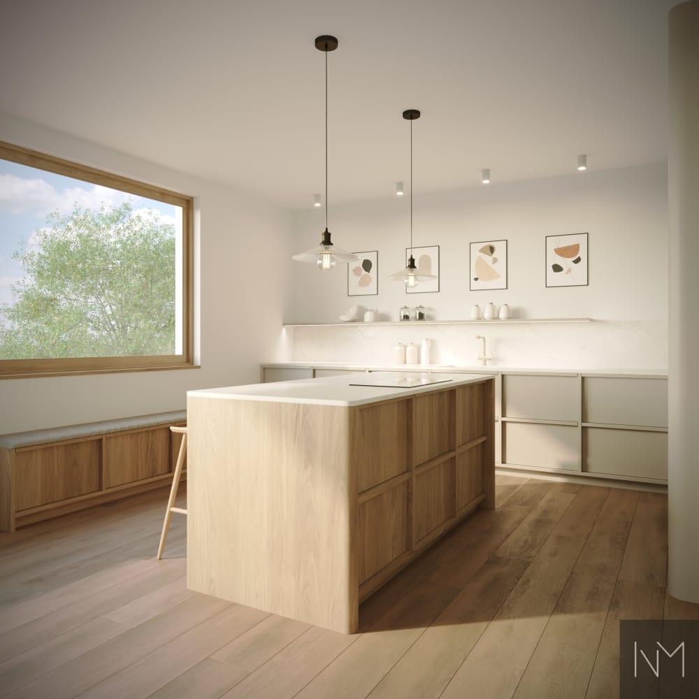 Basic Collection keuken met Edge handgrepen, zijpanelen en geïntegreerde LED-verlichting. Alle elementen zijn beschikbaar in ons aanbod. Plafond: Jotun Klassisk Hvit. Kasten: Jotun KOKOS – NCS S 1305-Y20R. Werkblad: Caesarstone Bianco Drift. Eiland: Nordic Collection – licht witgekalkt eiken, blanke lak met wit pigment.