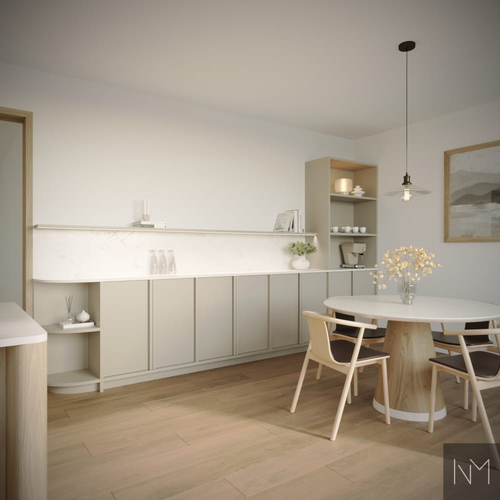 Basic Collection keuken met Edge handgrepen, zijpanelen en geïntegreerde LED-verlichting. Alle elementen zijn beschikbaar in ons aanbod. Plafond: Jotun Klassisk Hvit. Kasten: Jotun KOKOS – NCS S 1305-Y20R. Werkblad: Caesarstone Bianco Drift.