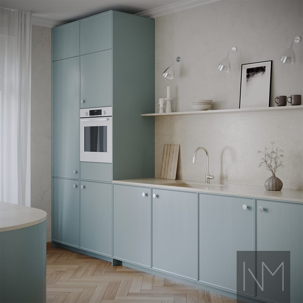 Enigma Kitchen fronts painted in Farrow and ball Hazy NO. CC6. Plate knobs.